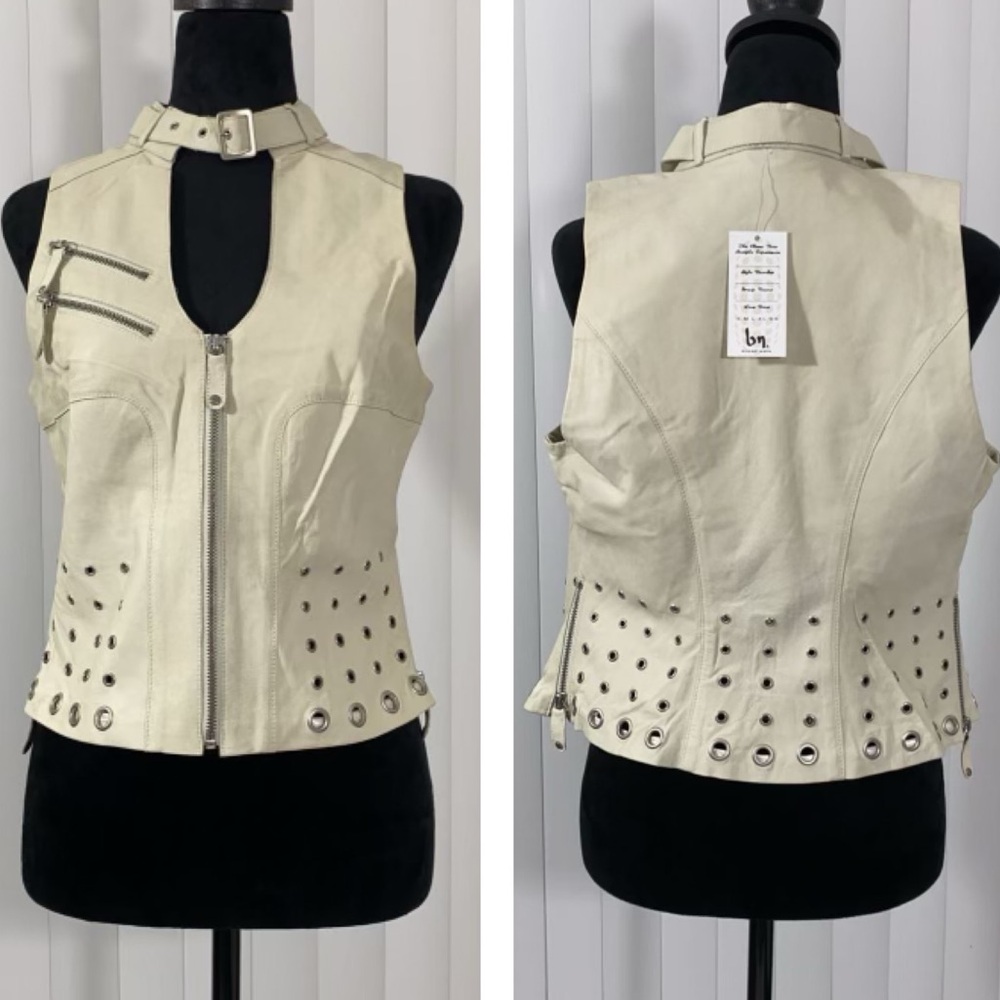 BLANC NOIR Sample Peek A Boo Leather Studded Grommet Vest Pockets Bone White S